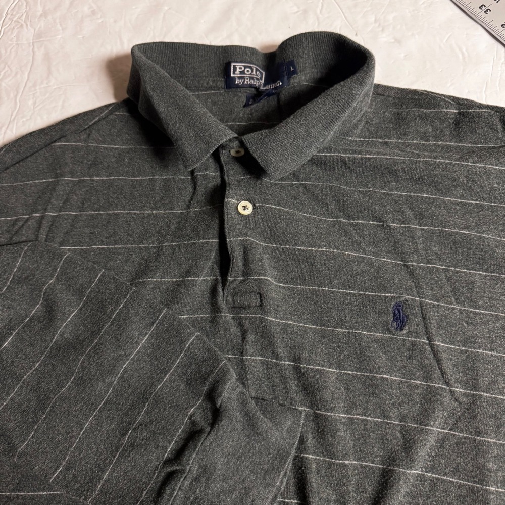 Polo‎ Ralph Lauren Mens Large Grey Striped Long Sleeve Polo Shirt Cotton Jersey